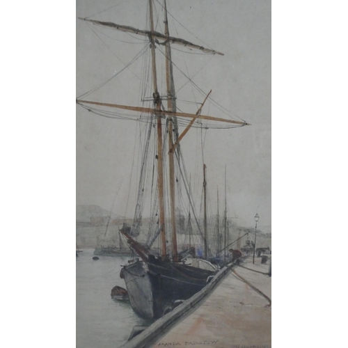 402 - A Framed Watercolour of Two Masted Chip at Harbour 'Amanda Padstow' Signed J Clarkson, May 6th 95. 3... 