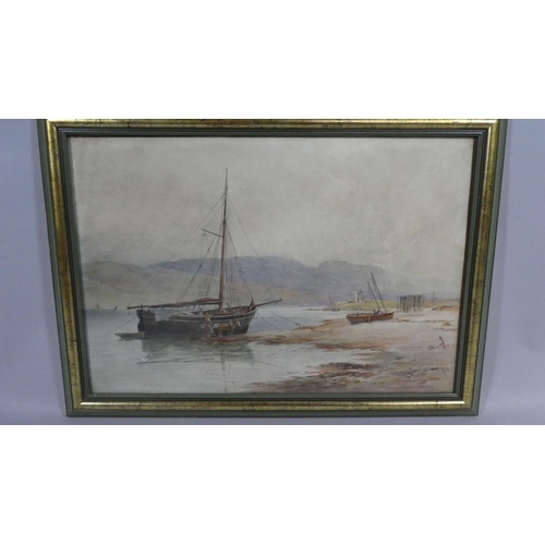 404 - A Framed Watercolour depicting Horse and Cart Beside Beached Barge in Estuary, 'Loch Gair, Argyleshi... 