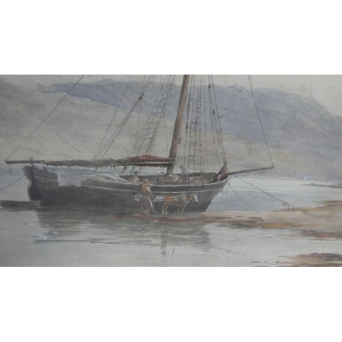 404 - A Framed Watercolour depicting Horse and Cart Beside Beached Barge in Estuary, 'Loch Gair, Argyleshi... 