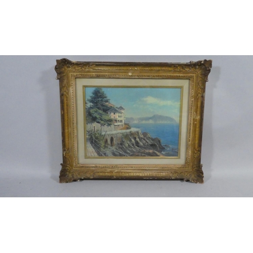 406 - A Gilt Framed Oil Depicting Rocky Mediterranean Shore and Villa, Signed Bottom Left 39x29cms