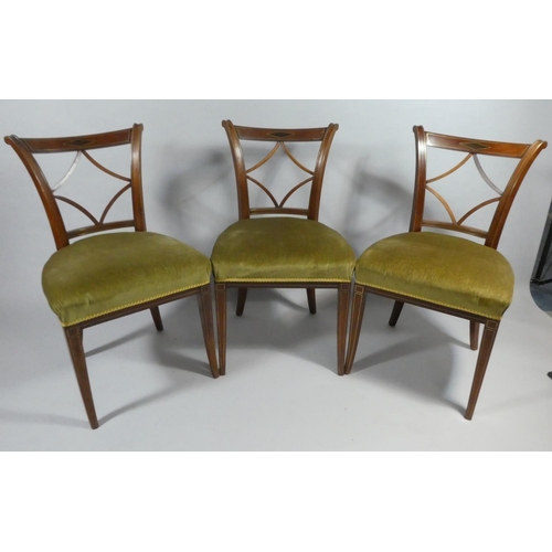 439 - A Set of Six 19th Century Bar Back Mahogany Framed Dining Chairs with Brass Inlay