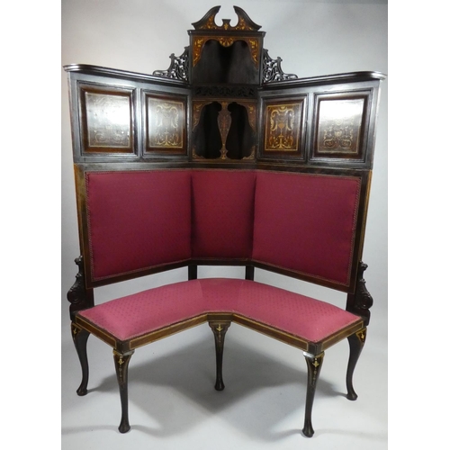 447 - An Unusual Edwardian Mahogany Corner Settee with Fretwork Panels either Side Centre Recessed Display... 