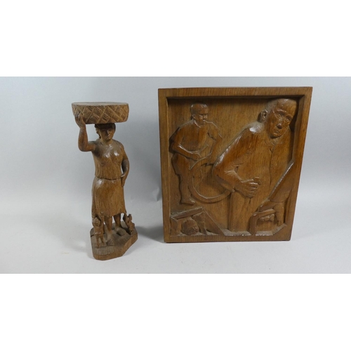 65 - Two Mid 20th Century Carved Oak Sculptures. One Representing the Three Ages of Man, 33cms High, The ... 