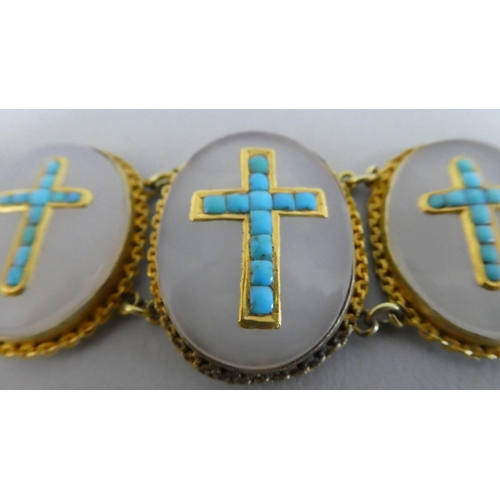 289 - A Gold Metal Framed Sectional Barcelet with Turquoise Coloured Crucifix on Opaque Glass Ovals 17.5cm... 