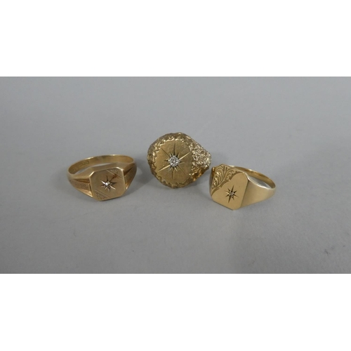 293 - A Collection of Three 9ct Gold Signet Rings with Solitaire White Stones, Total Weight 10.4gms