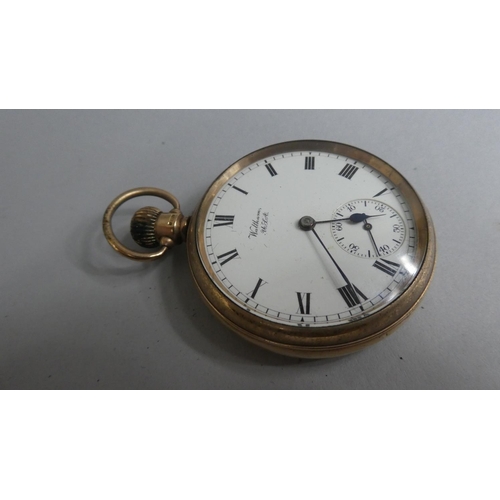 305 - A 9ct Gold Cased Waltham Crown Wind Open Face Pocket Watch, The White Enamel Dial inscribed Waltham ... 