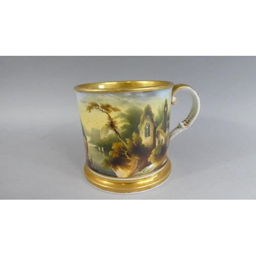 359 - A Good Quality Large Porcelain Hand Painted Tankard having Gilt Foot and Rim, Interior Scene Contine... 