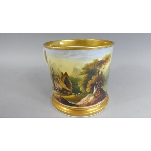 359 - A Good Quality Large Porcelain Hand Painted Tankard having Gilt Foot and Rim, Interior Scene Contine... 