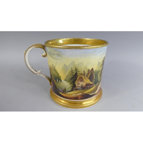 359 - A Good Quality Large Porcelain Hand Painted Tankard having Gilt Foot and Rim, Interior Scene Contine... 