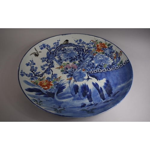 370 - A Large Chinese Blue and White Charger with Bird, Landscape and Foliate Decoration. Having Applied C... 