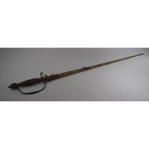 84 - A 19th Century Continental Ornamental Sword and Scabbard. Sword Rusted, Wire Grip Handle