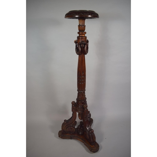 89 - A Reproduction Carved and Reeded Victorian Style Torchere Stand in Mahogany with Tripod Scrolled Sup... 