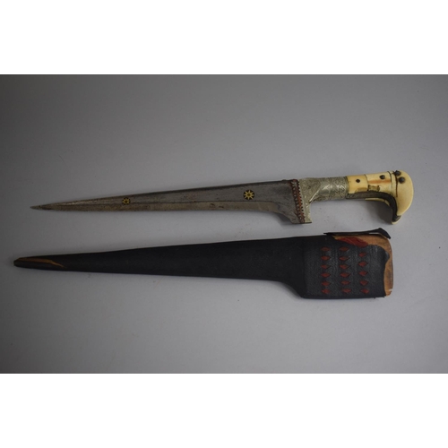 91 - An Afghan Choora with Brass Inlaid Steel Blade and Ivory Mounted Handle reinforced with Centre Steel... 