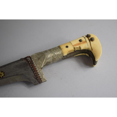 91 - An Afghan Choora with Brass Inlaid Steel Blade and Ivory Mounted Handle reinforced with Centre Steel... 