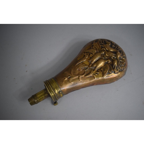 97 - A 19th Century Brass Mounted Shot Flask with Game Decoration in Relief.