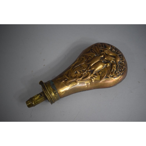 97 - A 19th Century Brass Mounted Shot Flask with Game Decoration in Relief.