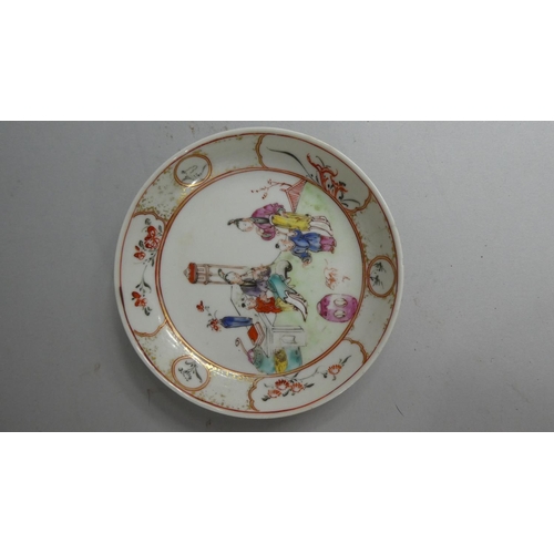 372 - A Chinese Tea Bowl and Saucer decorated with Family Scenes, Interior and Garden.