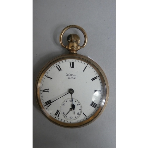 305 - A 9ct Gold Cased Waltham Crown Wind Open Face Pocket Watch, The White Enamel Dial inscribed Waltham ... 