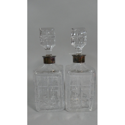 311 - A Pair of Silver Collared Cut Glass Decanters, Stamped 925 Stirling. (Some Small Nibbles to Glass)