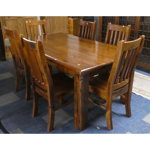 408 - A Vietnamese Plantation Pine Kitchen Dining Table and Six Chairs, Table 180x104cms