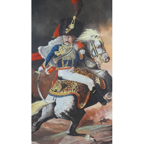 72 - A Framed Oil on Board Depicting Cavalry Soldier, Board and Frame Warped, 70cm High