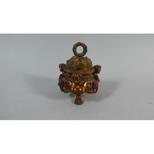 9 - A Small French Bronze Desktop Inkwell with Three Claw Feet and Maiden and Lion Mount. Missing Inner ... 