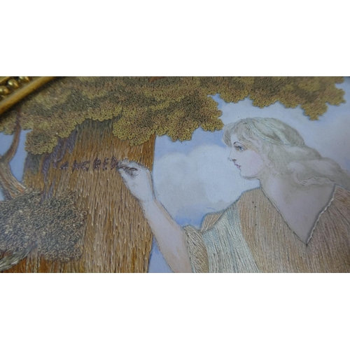 34 - A 19th Century Gilt Framed Silk Embroidery depicting Seated Shepherdess carving 'Tancred' on Tree wh... 