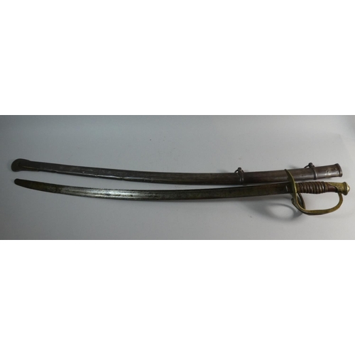 55 - A 19th  Century French Cavalry Sword with Wire Bound Grip and Brass Hilt. Shortened Blade, Steel Sca... 