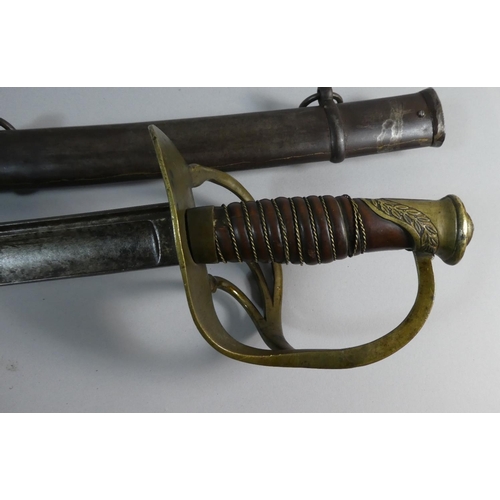 55 - A 19th  Century French Cavalry Sword with Wire Bound Grip and Brass Hilt. Shortened Blade, Steel Sca... 