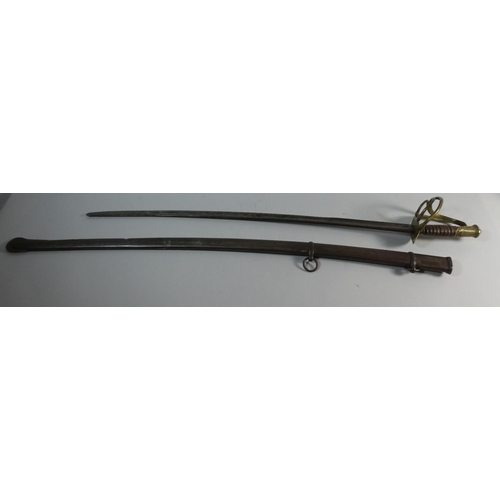 55 - A 19th  Century French Cavalry Sword with Wire Bound Grip and Brass Hilt. Shortened Blade, Steel Sca... 