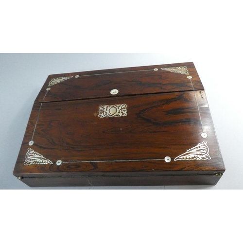 16 - A Late 19th Century Mother Pearl Inlaid Rosewood Fitted Writing Slope with Two Glass Inkwells, 35.5c... 