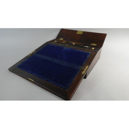 16 - A Late 19th Century Mother Pearl Inlaid Rosewood Fitted Writing Slope with Two Glass Inkwells, 35.5c... 