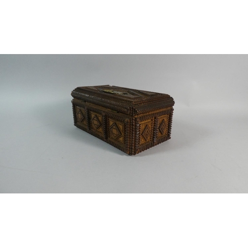 21 - A 19th Century Tramp Art Box. The Front Inscribed RG 1891 with a Metal Carrying Handle and Keyhole E... 