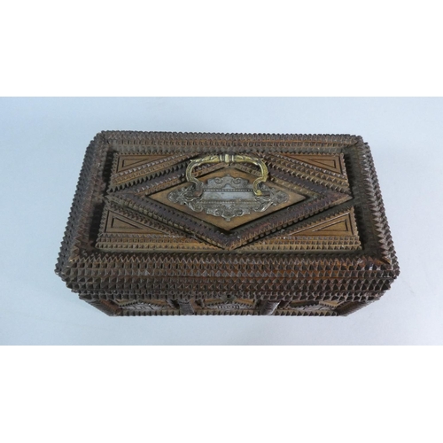 21 - A 19th Century Tramp Art Box. The Front Inscribed RG 1891 with a Metal Carrying Handle and Keyhole E... 