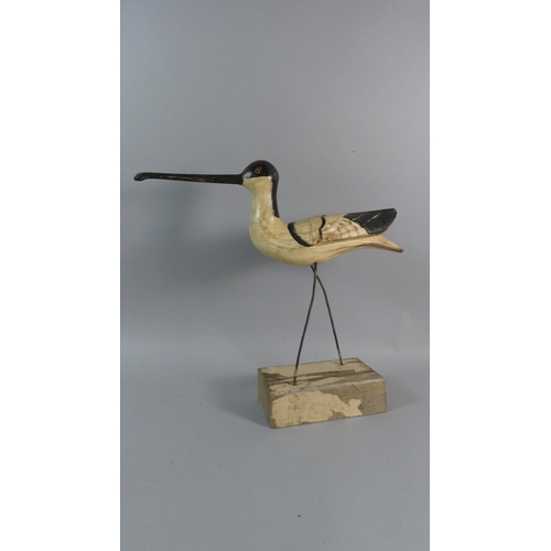 61 - A 20th Century Carved Wooden Display of a Long Billed Shorebird. 44cms Wide