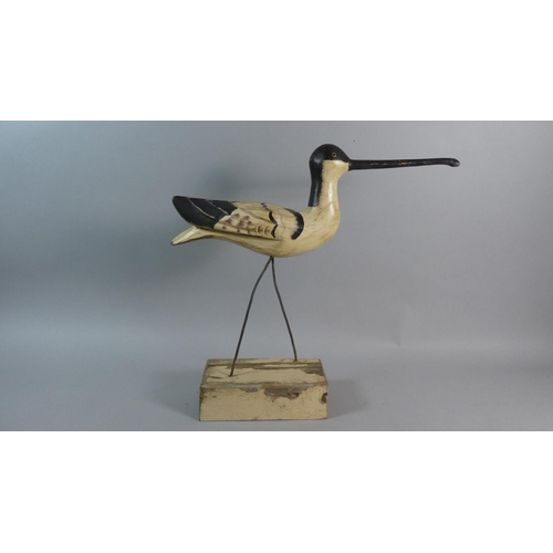 61 - A 20th Century Carved Wooden Display of a Long Billed Shorebird. 44cms Wide