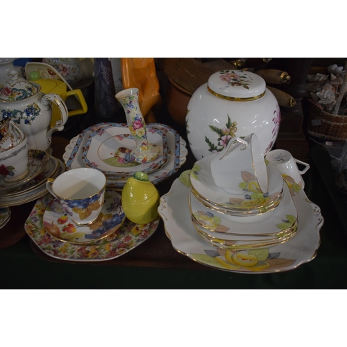 410 - A Tray of Ceramics to Include Floral Pattern Teawares, Princess Royale Ginger Jar etc