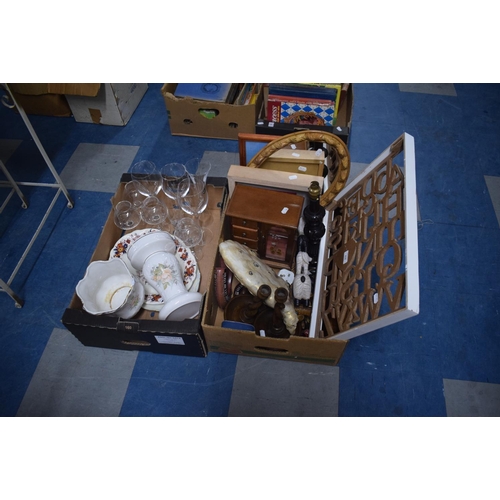 418 - Two Boxes Containing Various Wine Glasses, Ceramics, Animal Ornaments, Oval Mirror, Barley Twist Oak... 