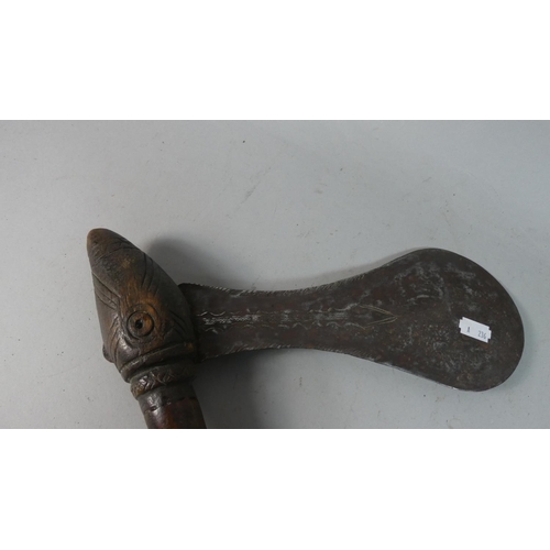 15 - A Songye Tribal Ceremonial Axe with Engraved Blade and Turned Wooden Handle, 52cm Long