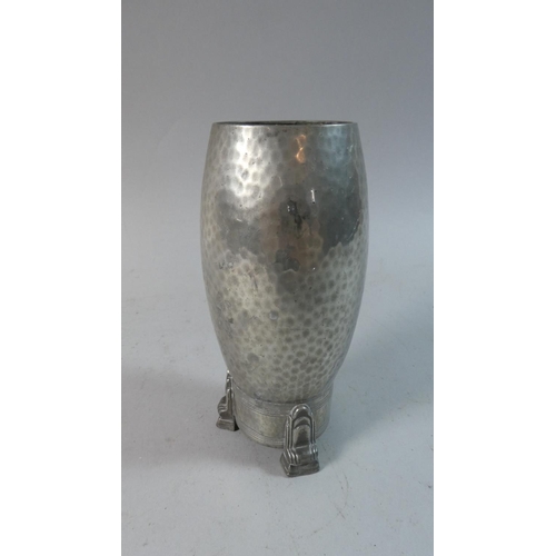 23 - An Art Deco Hammered Pewter Vase Stamped Period Pewter 8092 to Base, 16cm High