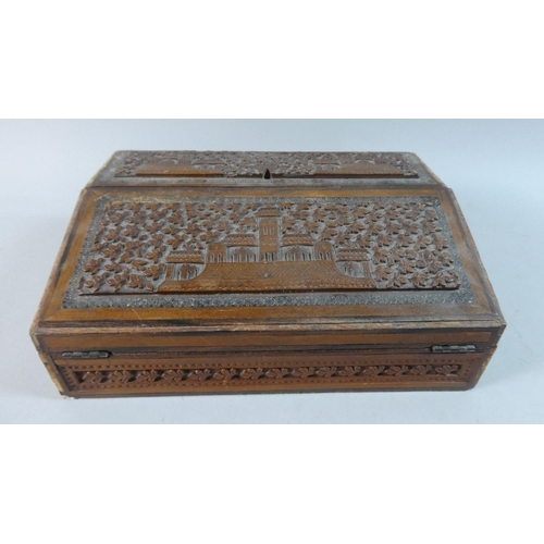 25 - An Indian Carved Wooden Writing Slope with Stationery Box Back Having Hinged Lid and Fold  Front, De... 