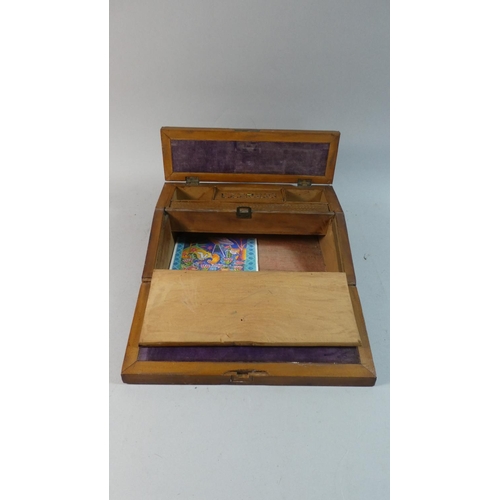 25 - An Indian Carved Wooden Writing Slope with Stationery Box Back Having Hinged Lid and Fold  Front, De... 