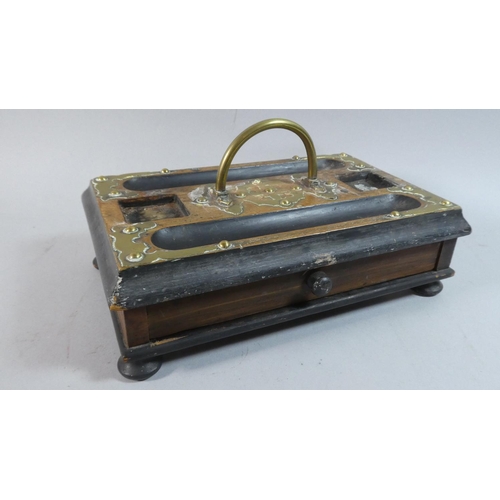 35 - A Victorian Brass Mounted Desktop Ink Stand with Drawer, Missing Glass Ink Bottles, 27.5cm Wide