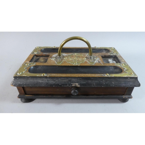 35 - A Victorian Brass Mounted Desktop Ink Stand with Drawer, Missing Glass Ink Bottles, 27.5cm Wide