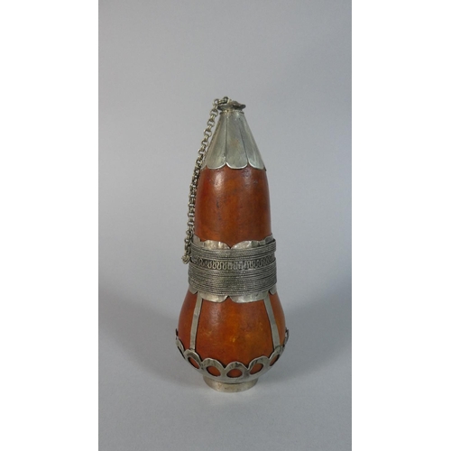 4 - A Far Eastern White Metal Mounted Gourd Perfume Bottle with Chained Stopper, 13.5cm High