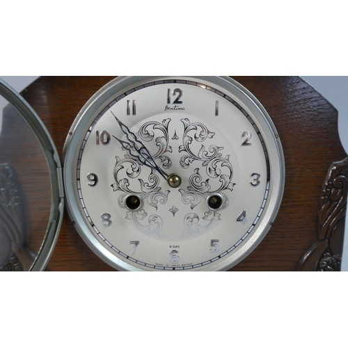 40 - A Mid 20th Century Oak Cased Mantle Clock with Eight Day Movement by Bentima, 26cm Wide