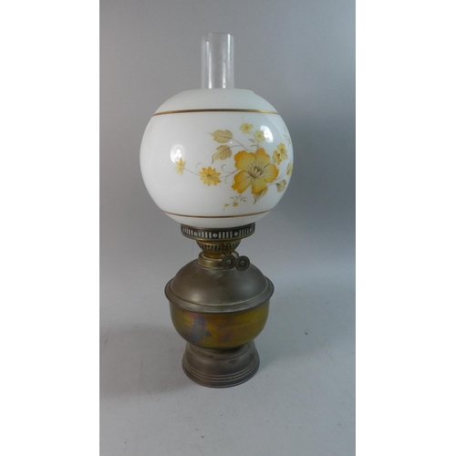 41 - A Brass Oil Lamp with Opaque Glass Shade, 46cm High