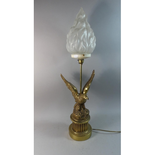 43 - A Brass Table Lamp in the Form of Eagle with Outstretched Wings Having Opaque Glass Flame Shade, 78c... 