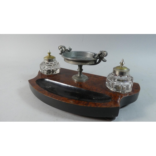 6 - A French Burr Wood Desk Top Inkstand with Pair of Octagonal Ink Bottles Having Silver Plated Tops an... 