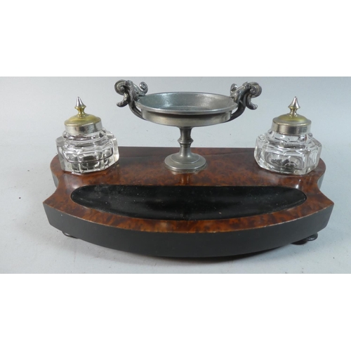 6 - A French Burr Wood Desk Top Inkstand with Pair of Octagonal Ink Bottles Having Silver Plated Tops an... 